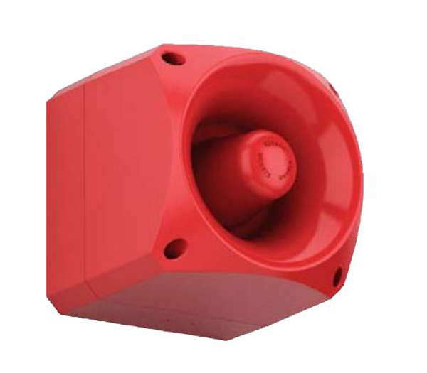 A red Nexus electronic alarm sounder with a circular design and central protrusion.