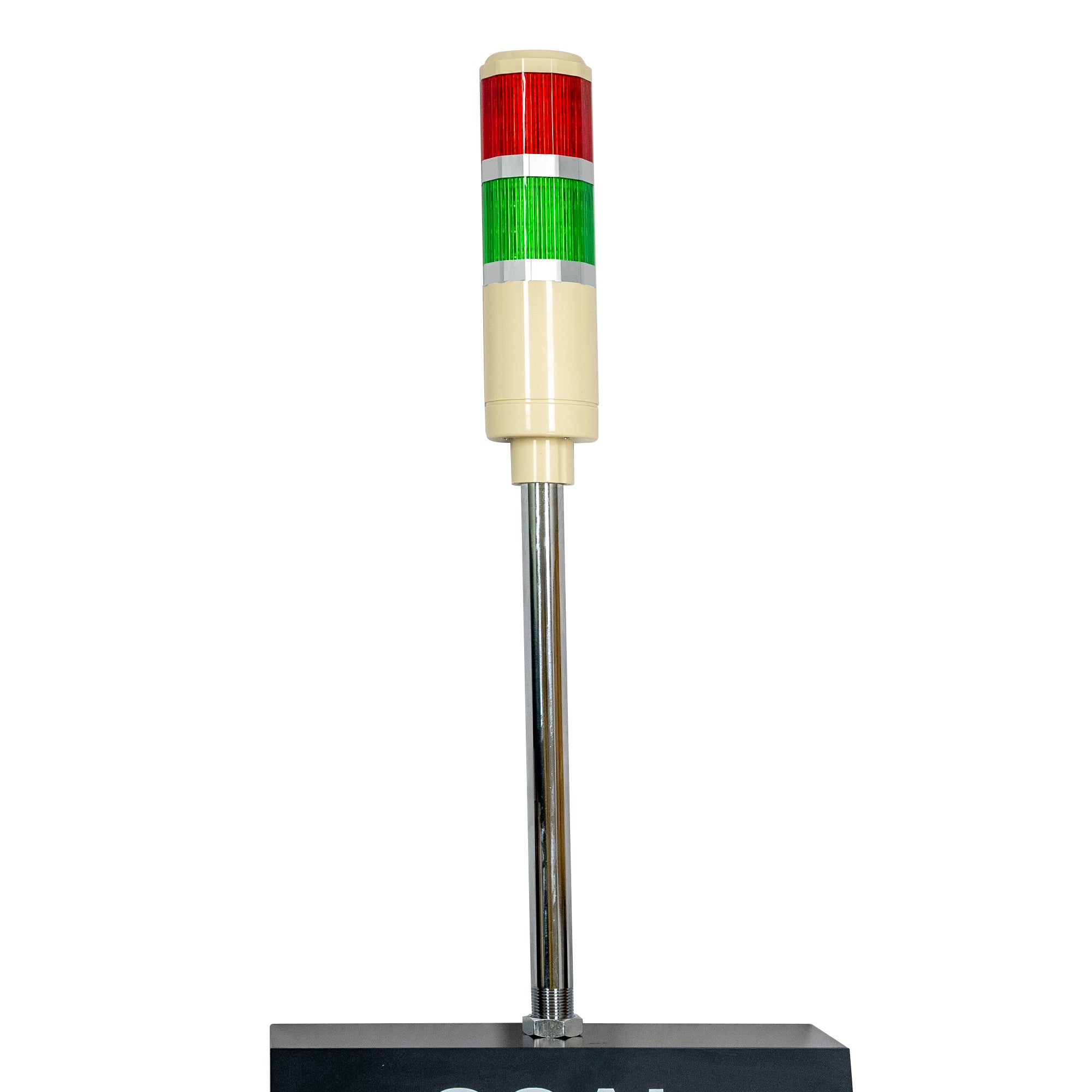 A close up of a two-color (Red/Green) pole-mounted industrial light atop the back production pace timer on a white background.