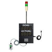 A black digital display with a manual count reset box, Red-Green industrial signal light and a black power cord on a white background.