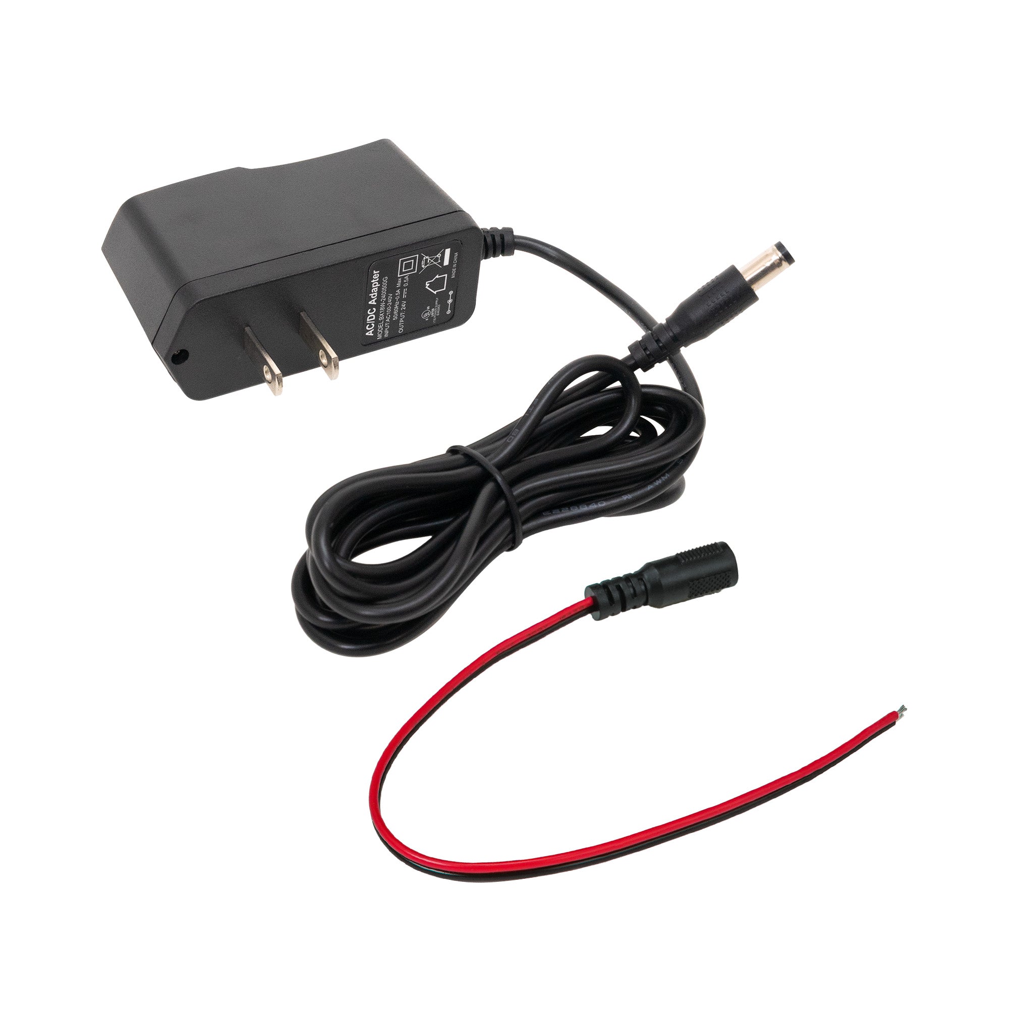 Angled perspective of a black power adapter with a secondary red and black cable on a white background.