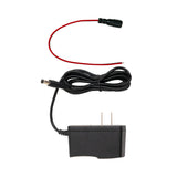 Front perspective of a black power adapter with a secondary red and black cable on a white background.