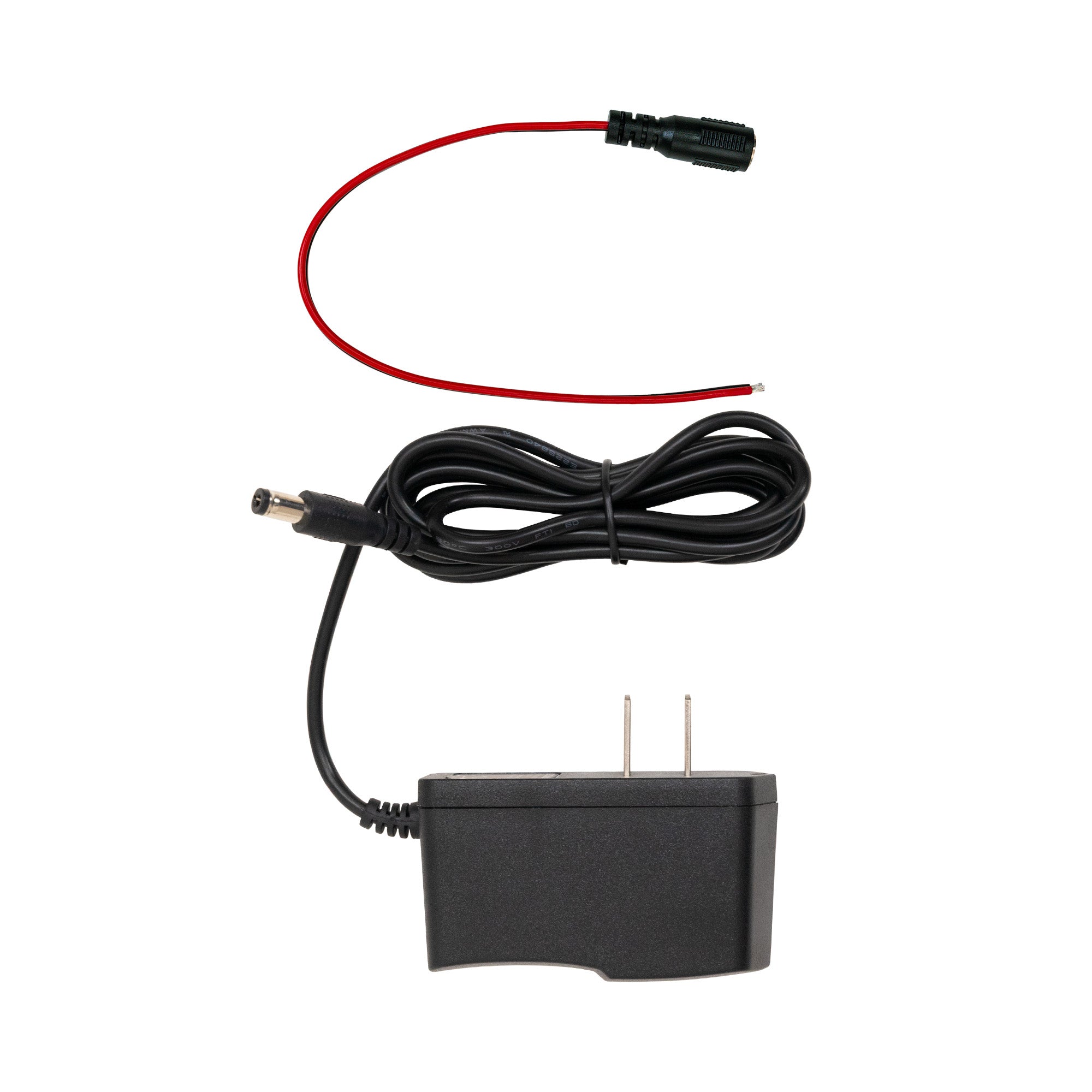 Front perspective of a black power adapter with a secondary red and black cable on a white background.