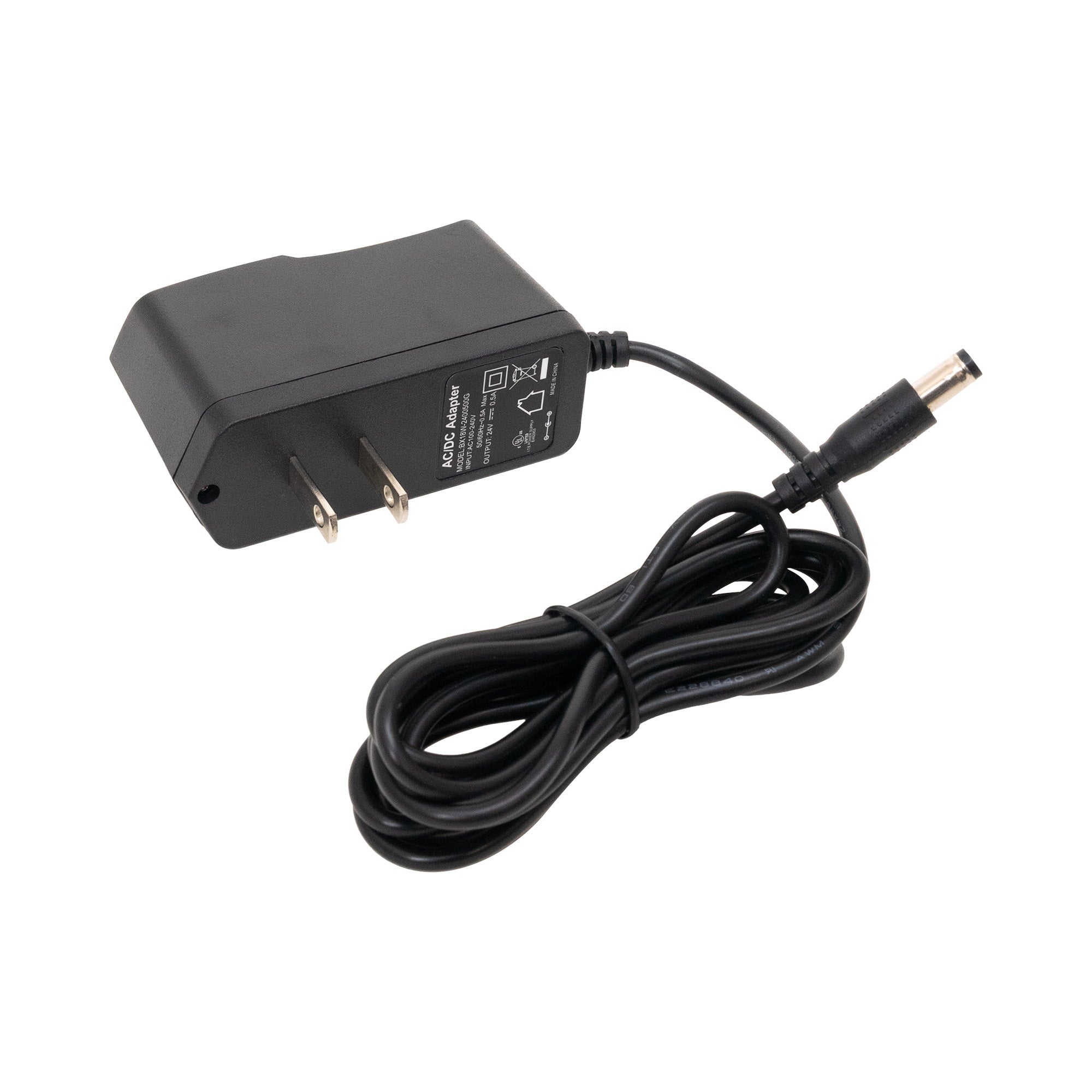 Black power adapter with cable on a white background