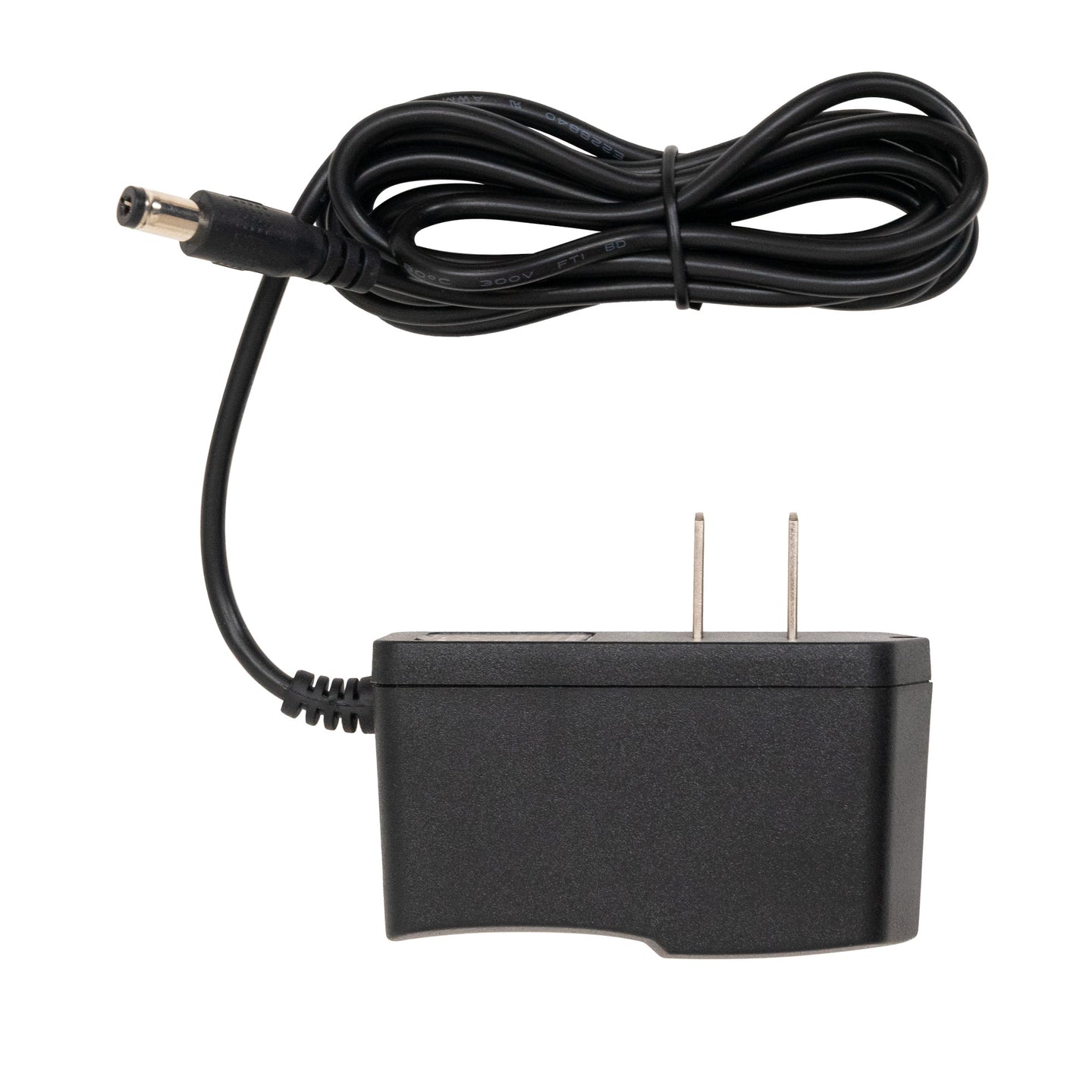 Black power adapter with a coiled cable on a white background