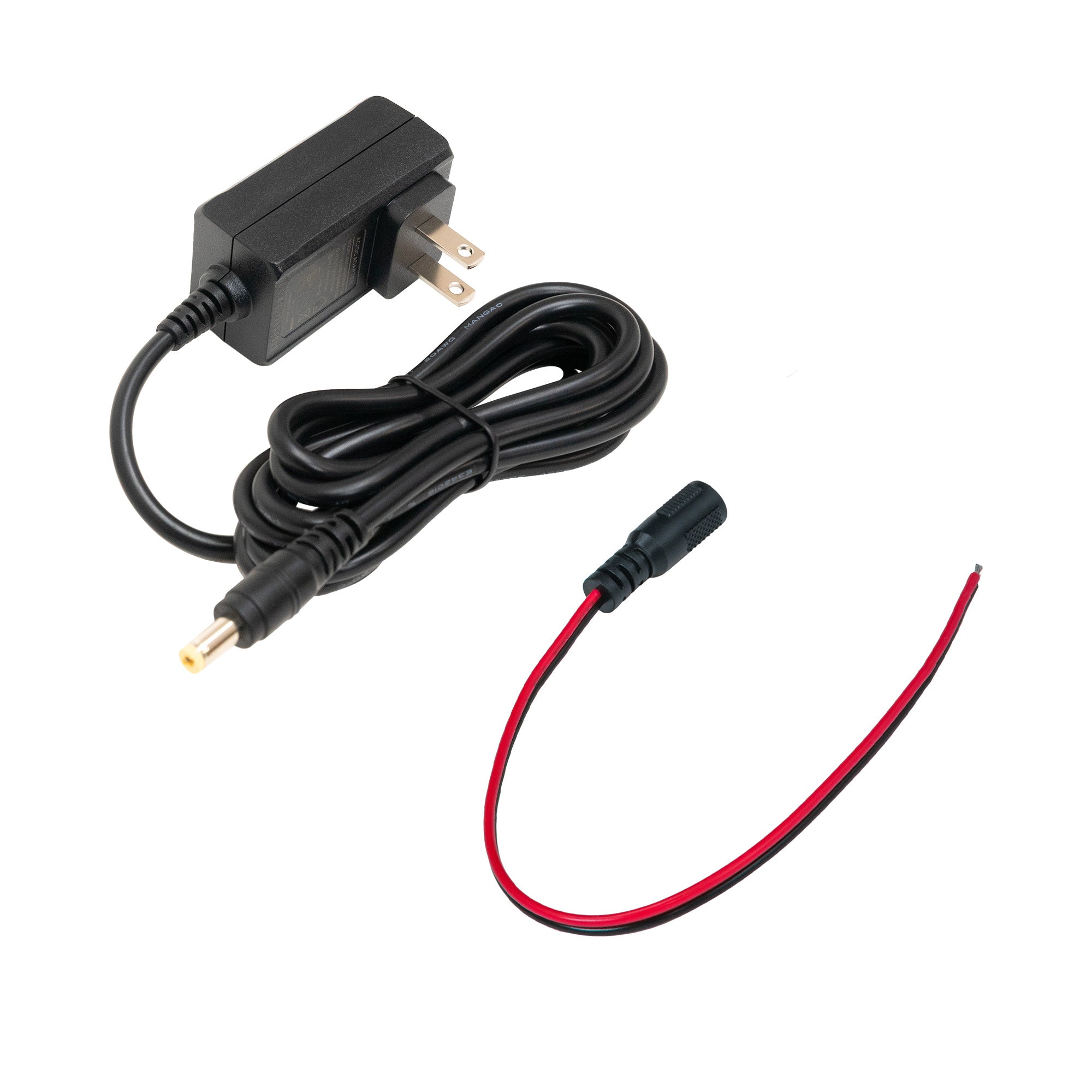 Black power adapter with a cable on a white background