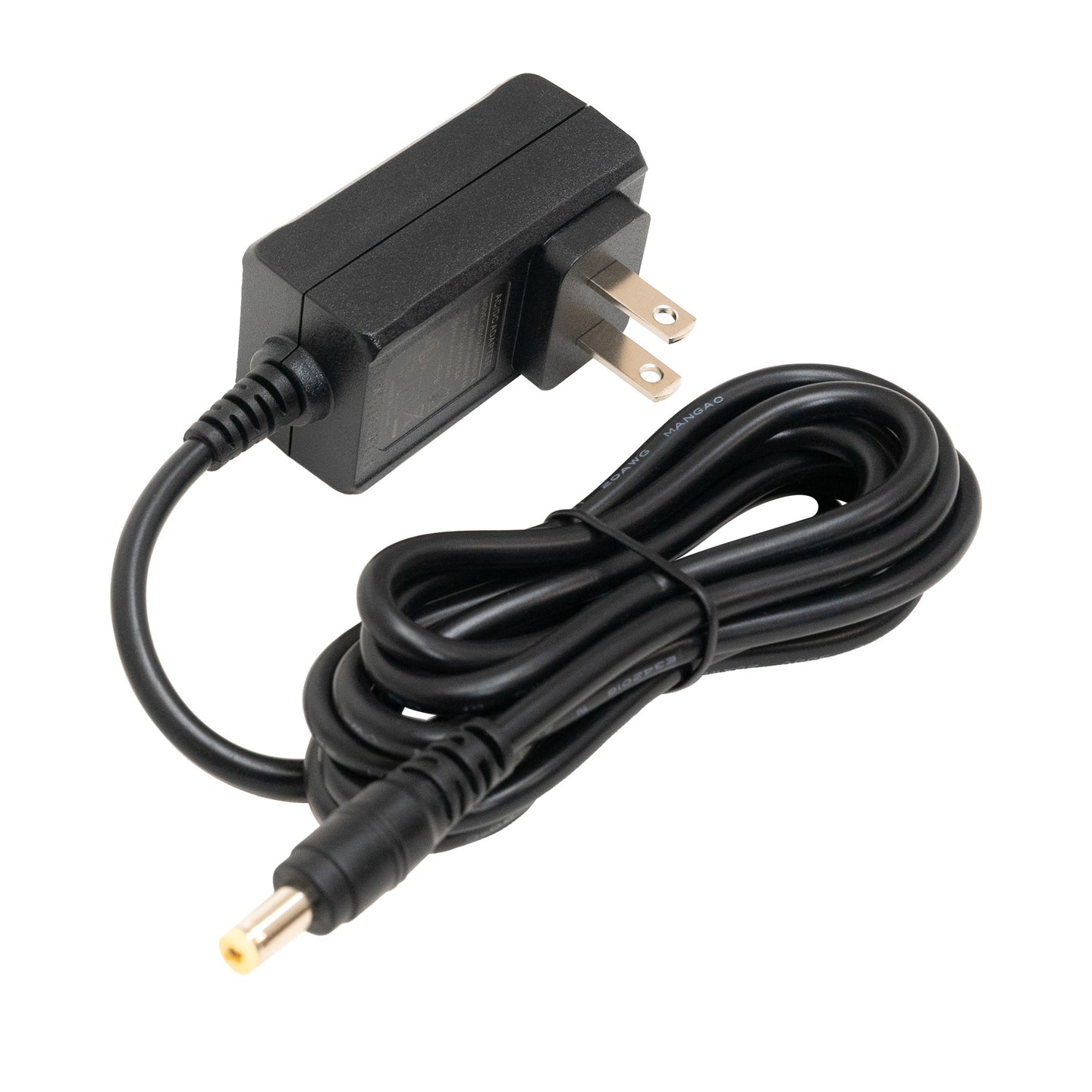 Black power adapter with a cable on a white background