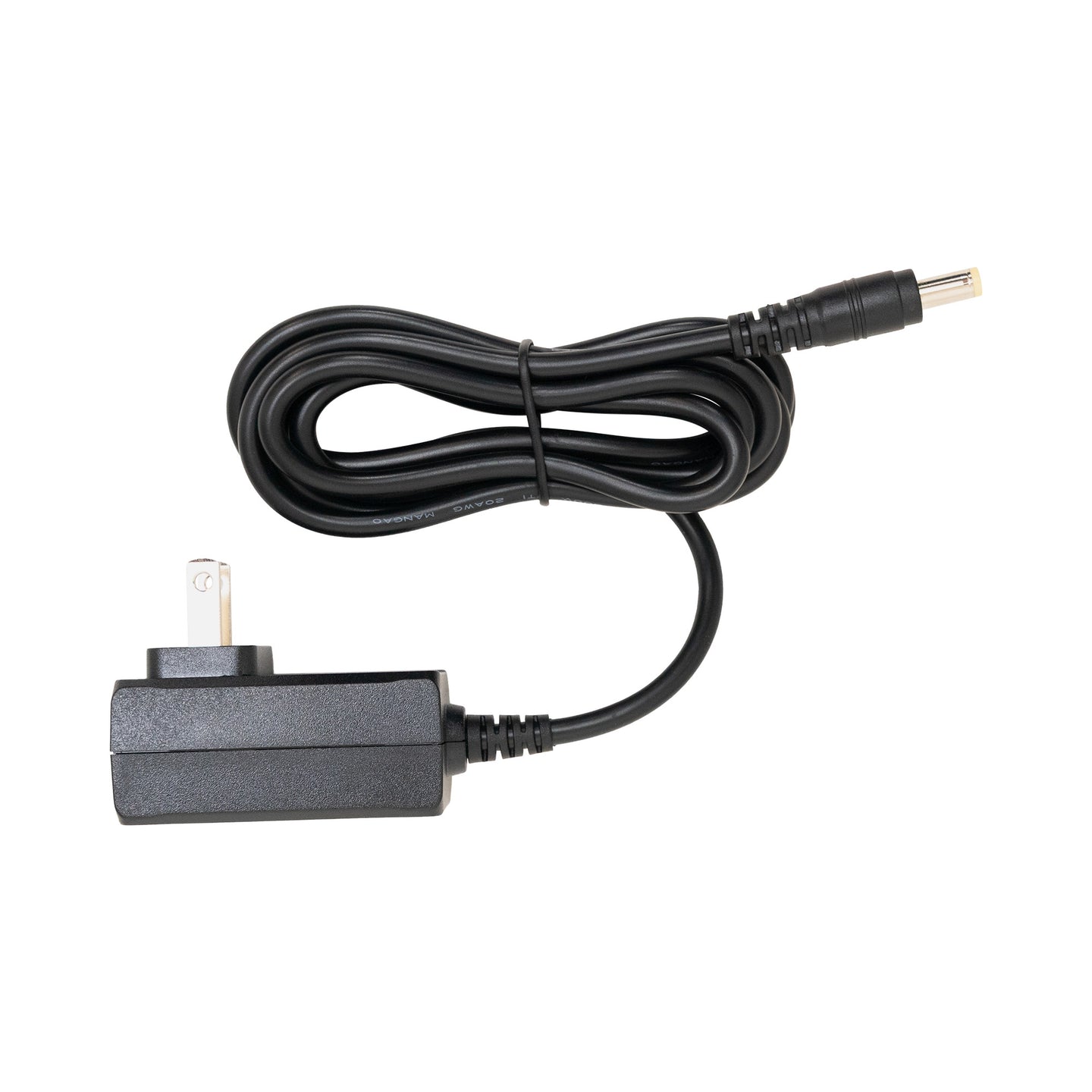 Black power adapter with cable on a white background
