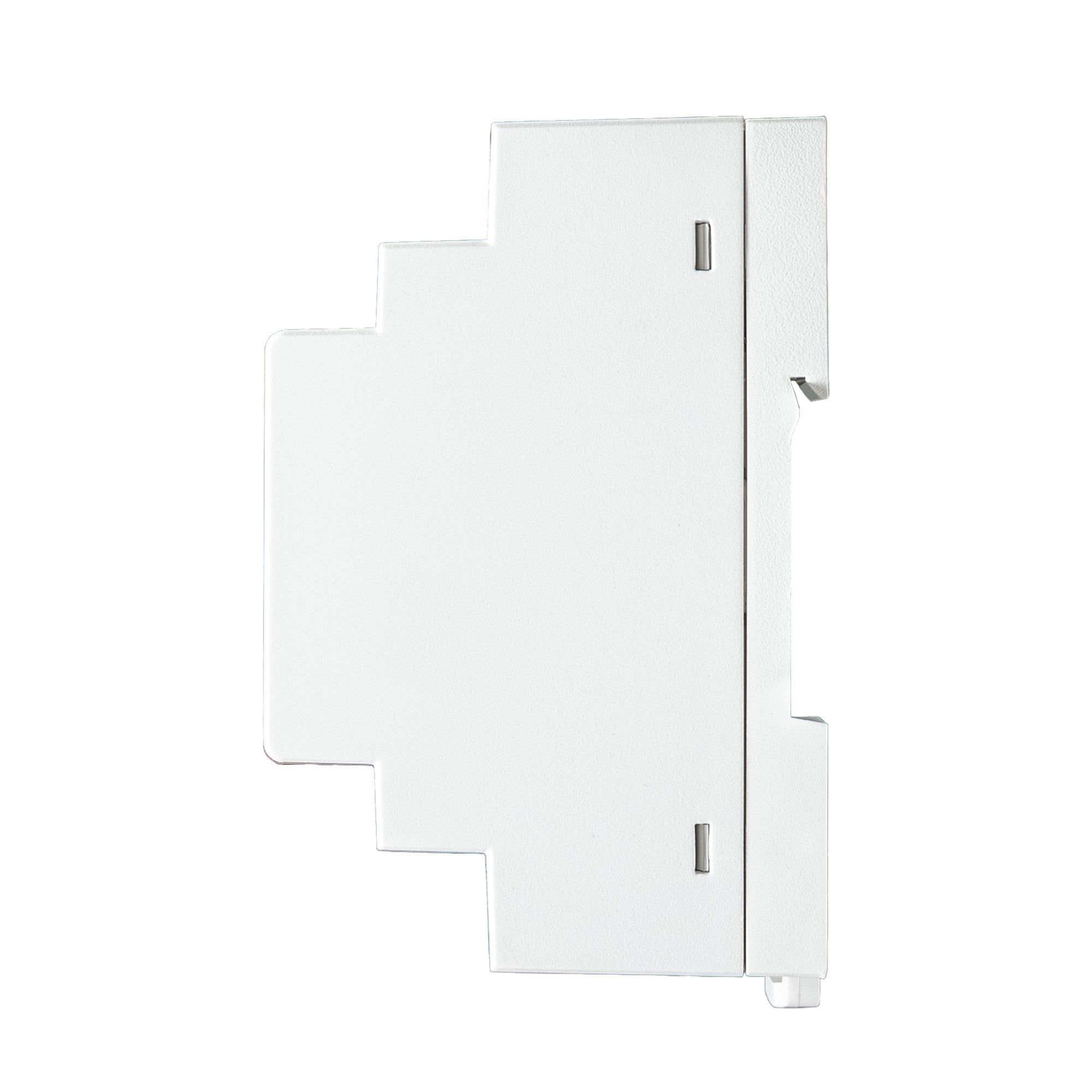White rectangular object with a small metallic component on a white background