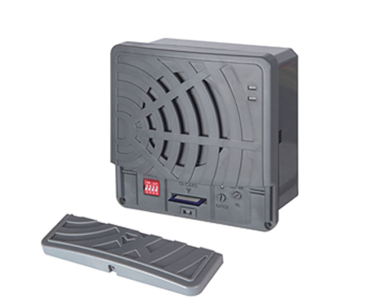 Black electronic device with vented pattern and memory card slot on a white background.
