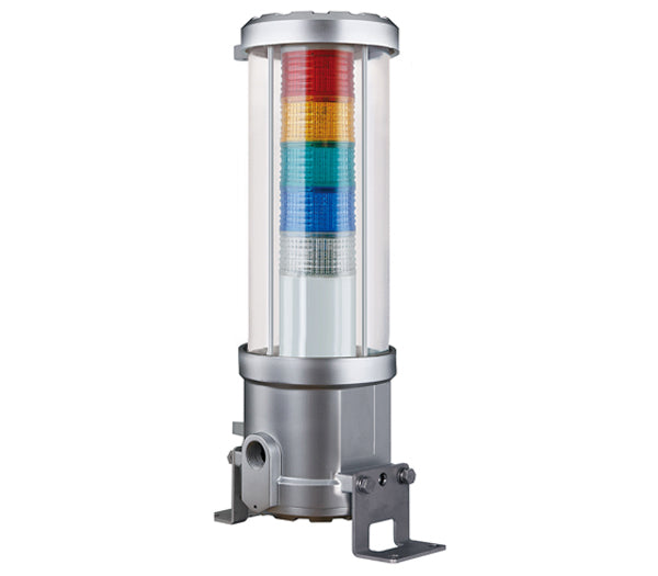An explosion proof LED tower light with a multicolored lens (red at the top, amber, green, blue, white at the bottom) and a silver aluminum housing.