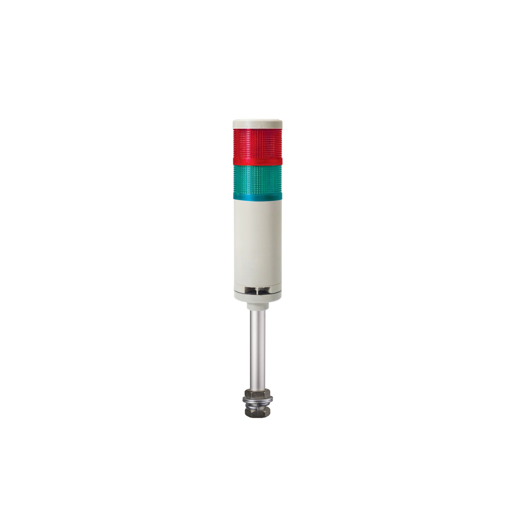 Two-color pole-mounted industrial signal light; Red-Green on a white background.