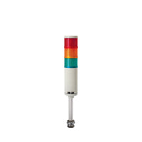 Three-color pole-mounted industrial signal light: Red-Amber-Green on a white background.
