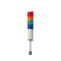 Four-color pole-mounted industrial signal light: Red-Amber-Green-Blue on a white background.