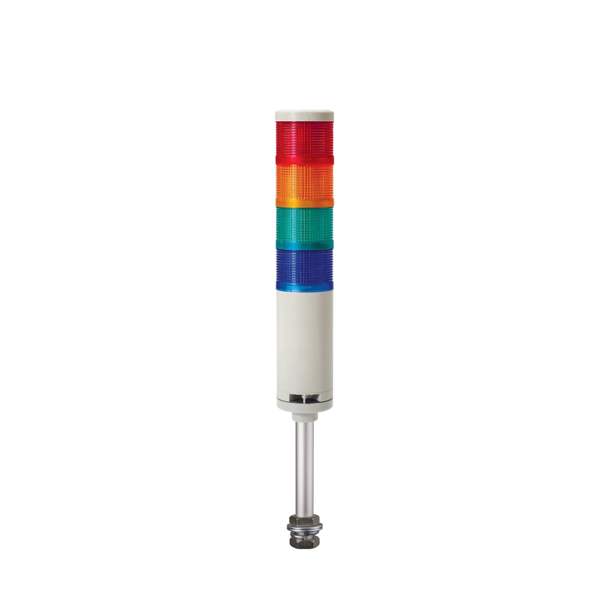 Four-color pole-mounted industrial signal light: Red-Amber-Green-Blue on a white background.