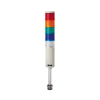 Five-color pole-mounted industrial signal light; Red-Amber-Green-Blue-White on a white background.