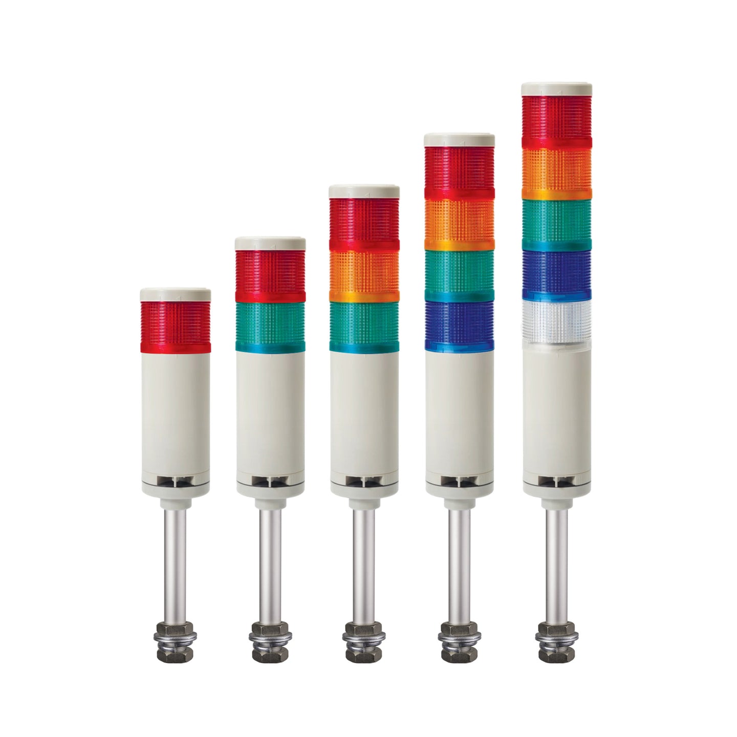 Collection of multicolor pole-mounted industrial signal lights on a white background.