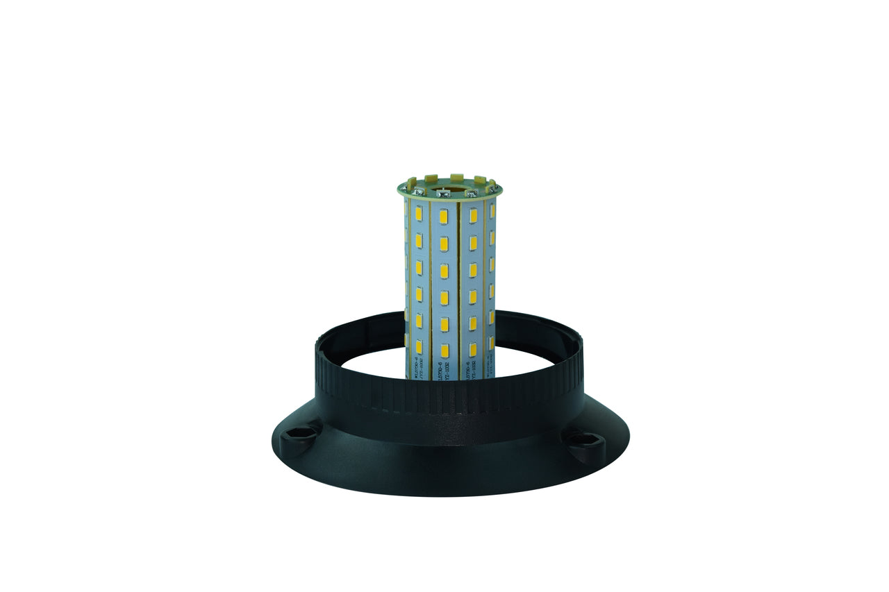 A large LED strobe light designed for industrial signaling with a black base and lens removed on a white background.