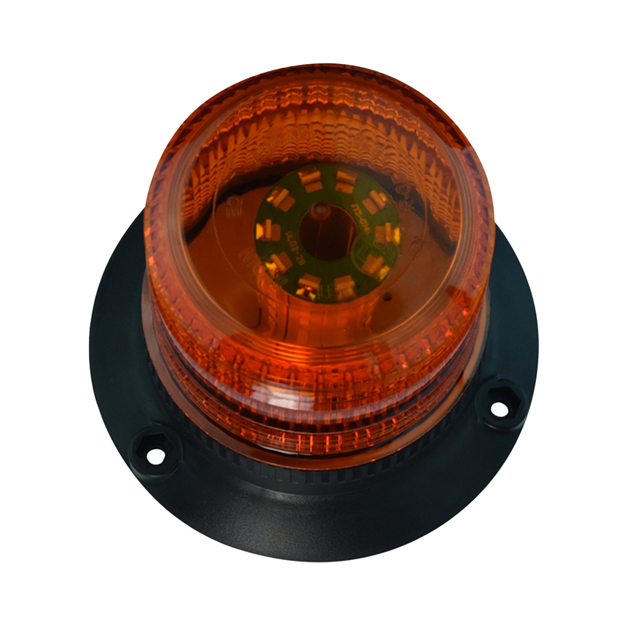 High perspective of amber strobe with black base on a white background.