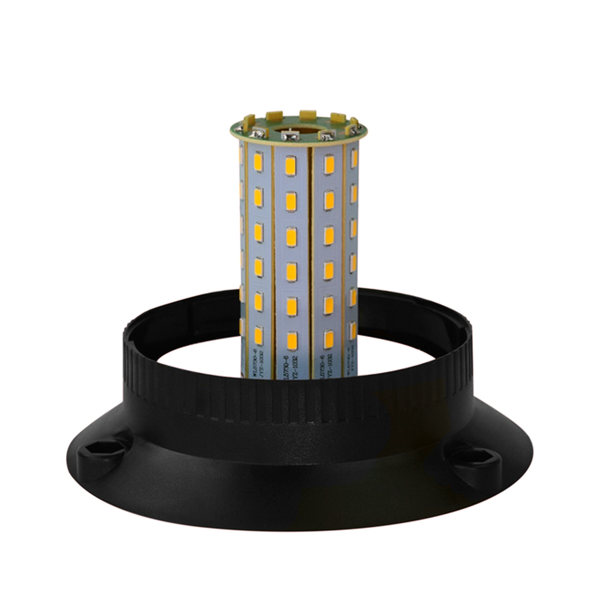 Exposed strobe LED with black base and on a white background.