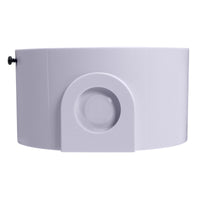 White plastic base with small black screw on left and circular indent on bottom middle on a white background.