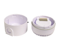 A large opened white audible alarm on a white background.