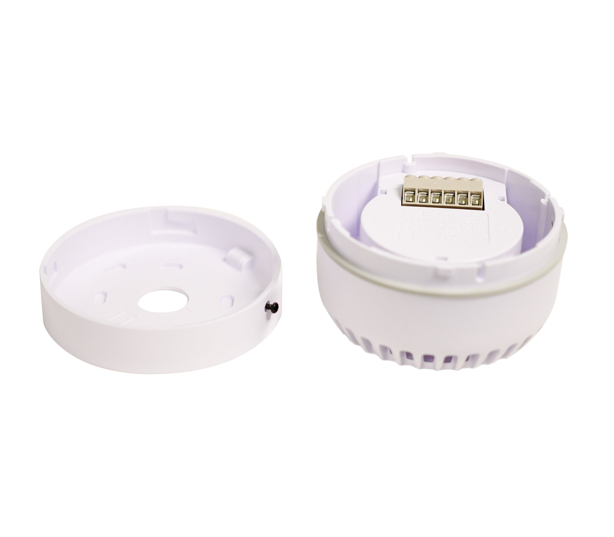 An opened up white audible alarm and designed for safety signage purposes.