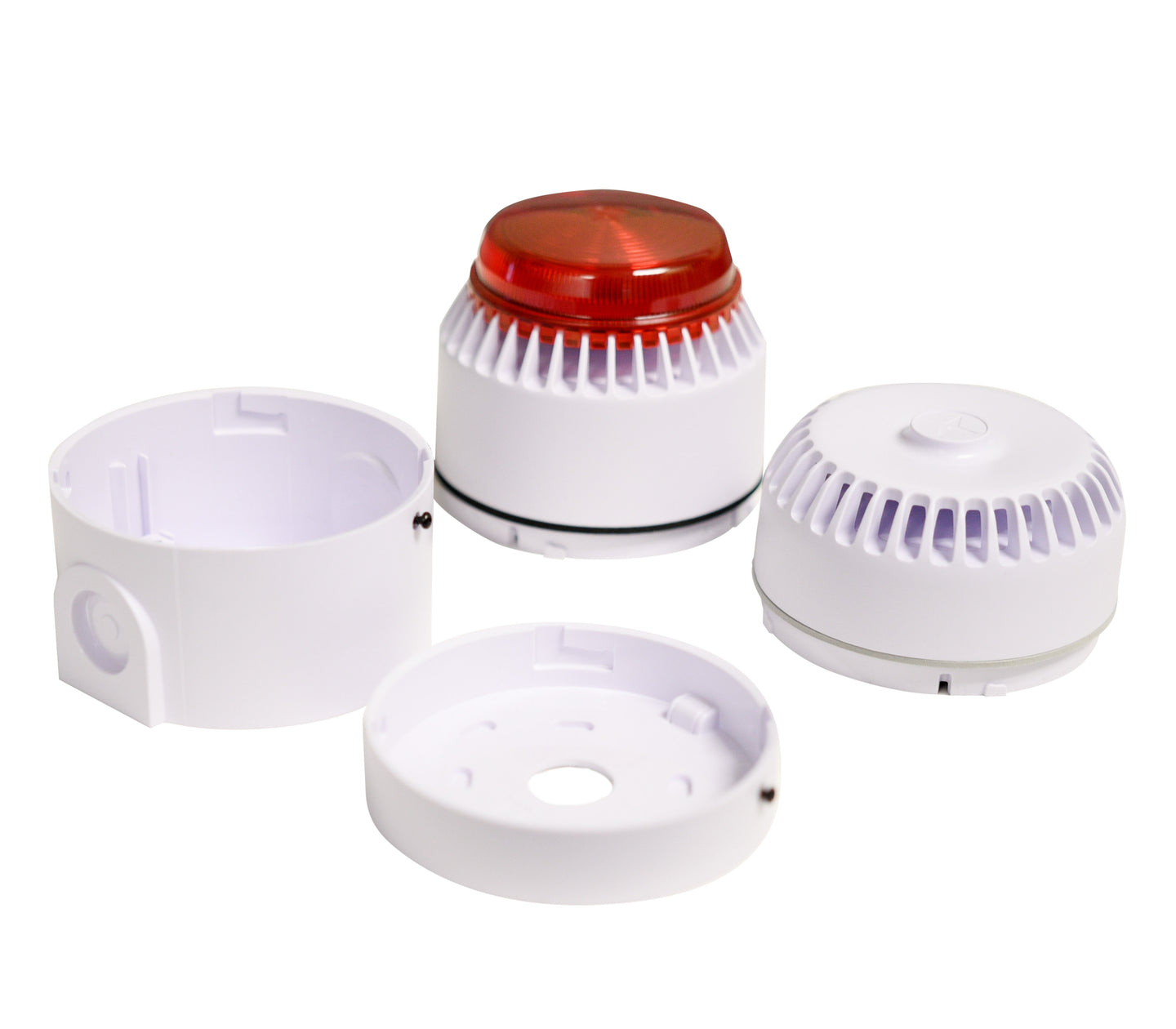 A set of three white audible alarm and strobe units with one having a red cover on top.