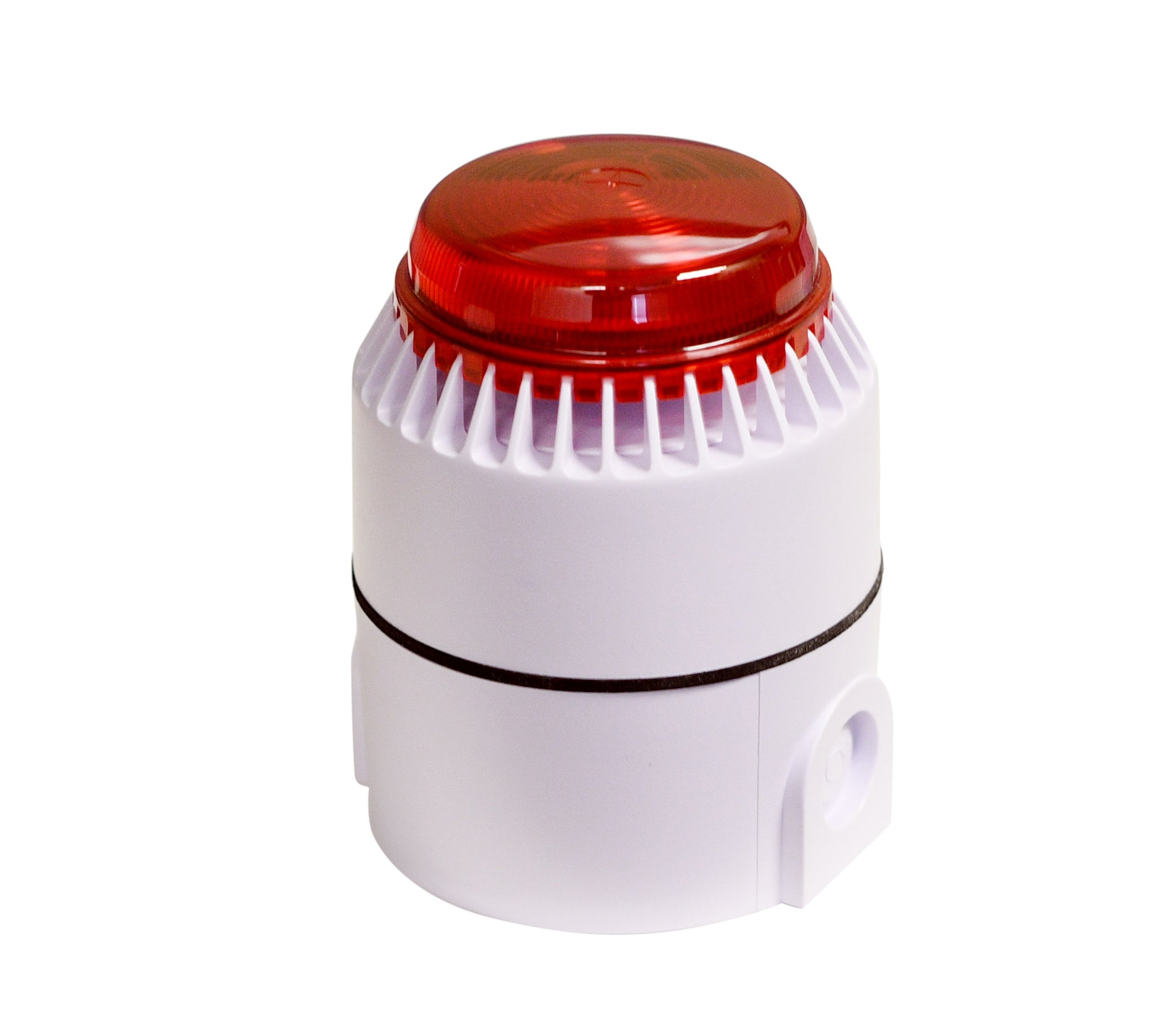 A white audible alarm and strobe with a red strobe on top.
