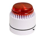 A set of three white audible alarm and strobe units with one having a red cover on top.