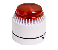 A set of three white audible alarm and strobe units with one having a red cover on top.