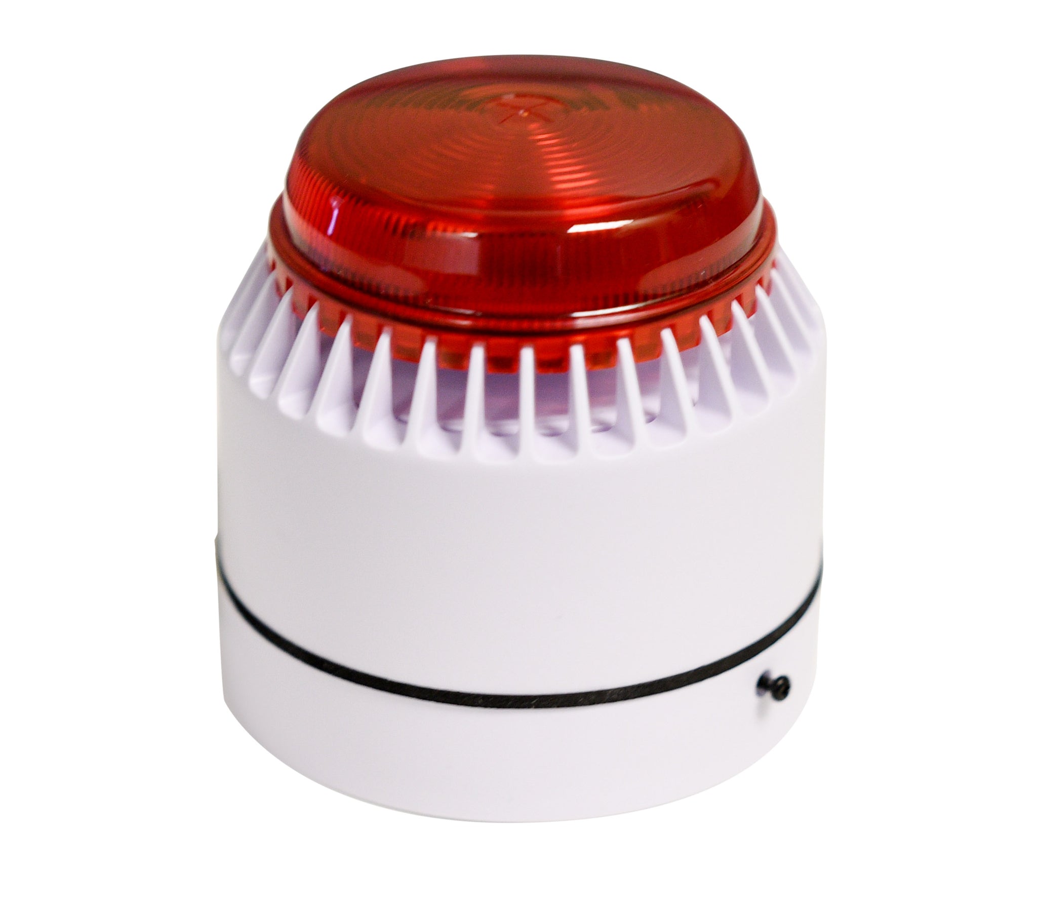A set of three white audible alarm and strobe units with one having a red cover on top.
