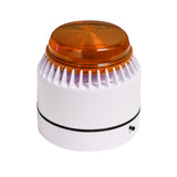 Compact audible alarm with amber strobe atop a white base on a white background.