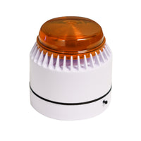 Compact audible alarm with amber strobe atop a white base on a white background.