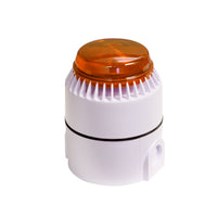 Tall audible alarm with amber strobe atop a white base on a white background.