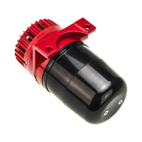 Black and red mechanical motorized alarm sounder on a white background.