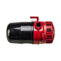 Black and red mechanical motorized alarm sounder on a white background.