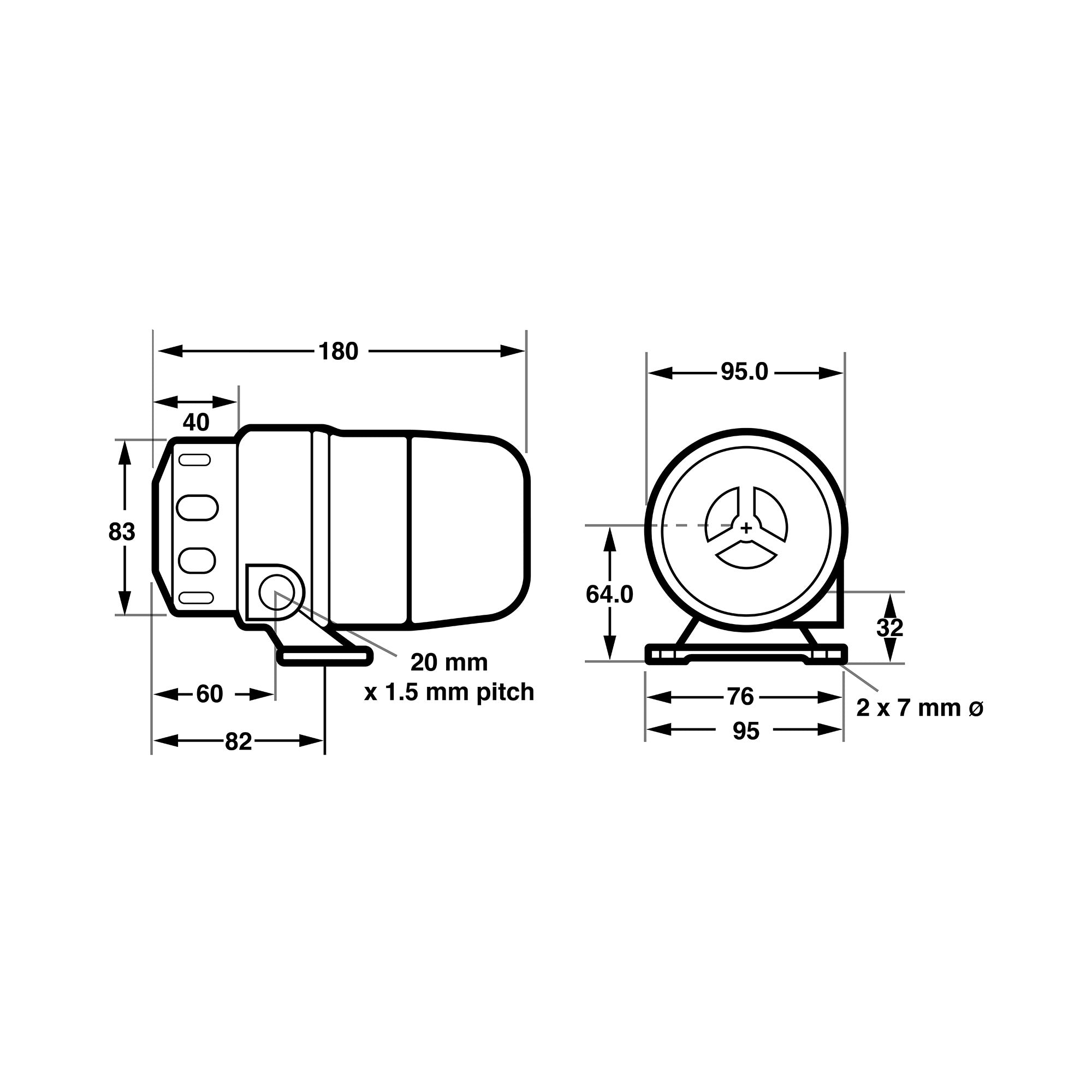 Black on white technical drawing of a mechanical component with dimensions labeled