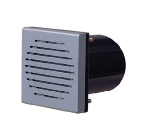 Square metal speaker cover with black circular housing on a white background.