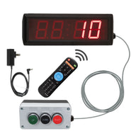 Digital display with red LED numbers, power adapter, remote control, and control box on a white background