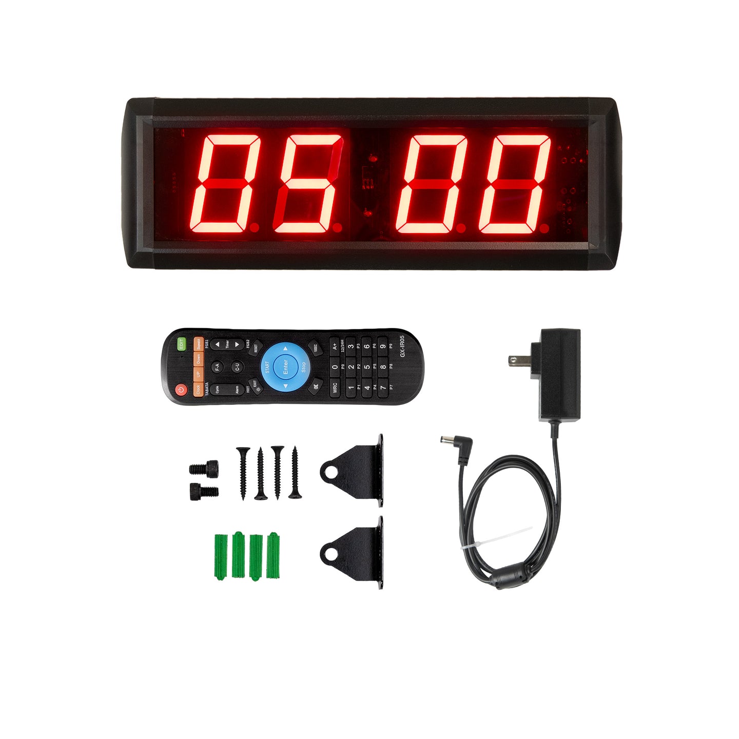 An LED production timer with a red display showing four digits, accompanied by a remote control, wall mount power supply, and mounting hardware.