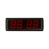 Digital clock with red LED display on a white background
