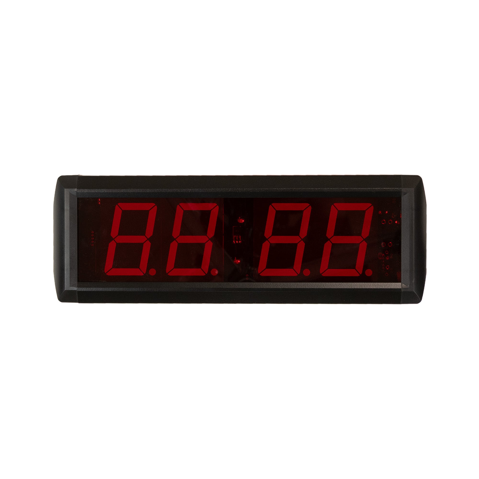 Digital clock with red LED display on a white background