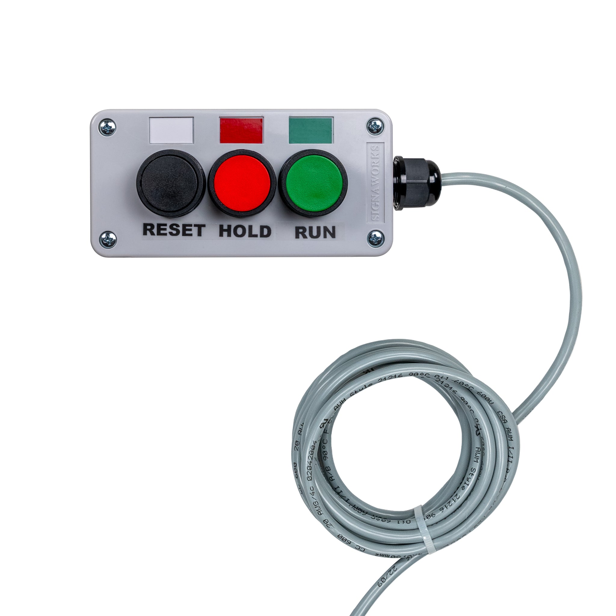 Control panel with three buttons labeled 'Reset', 'Hold', and 'Run' on a white background.