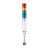 Five-Color pole-mounted industrial signal light with buzzer; Red-Amber-Green-Blue-White on a white background.