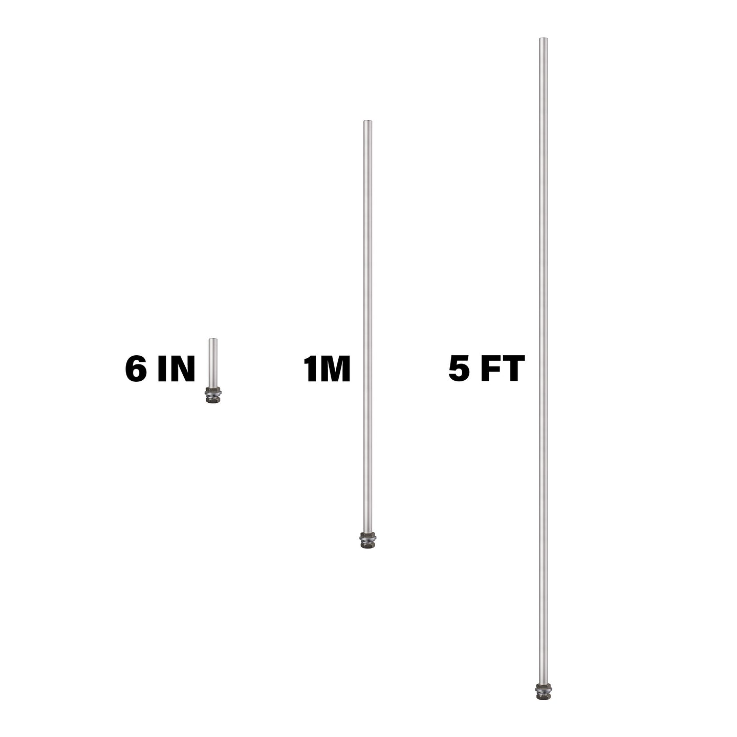 Three brushed metal poles in various lengths
