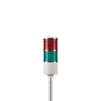 Two-color pole-mounted industrial signal light on a white background; Red-Green on a white background.