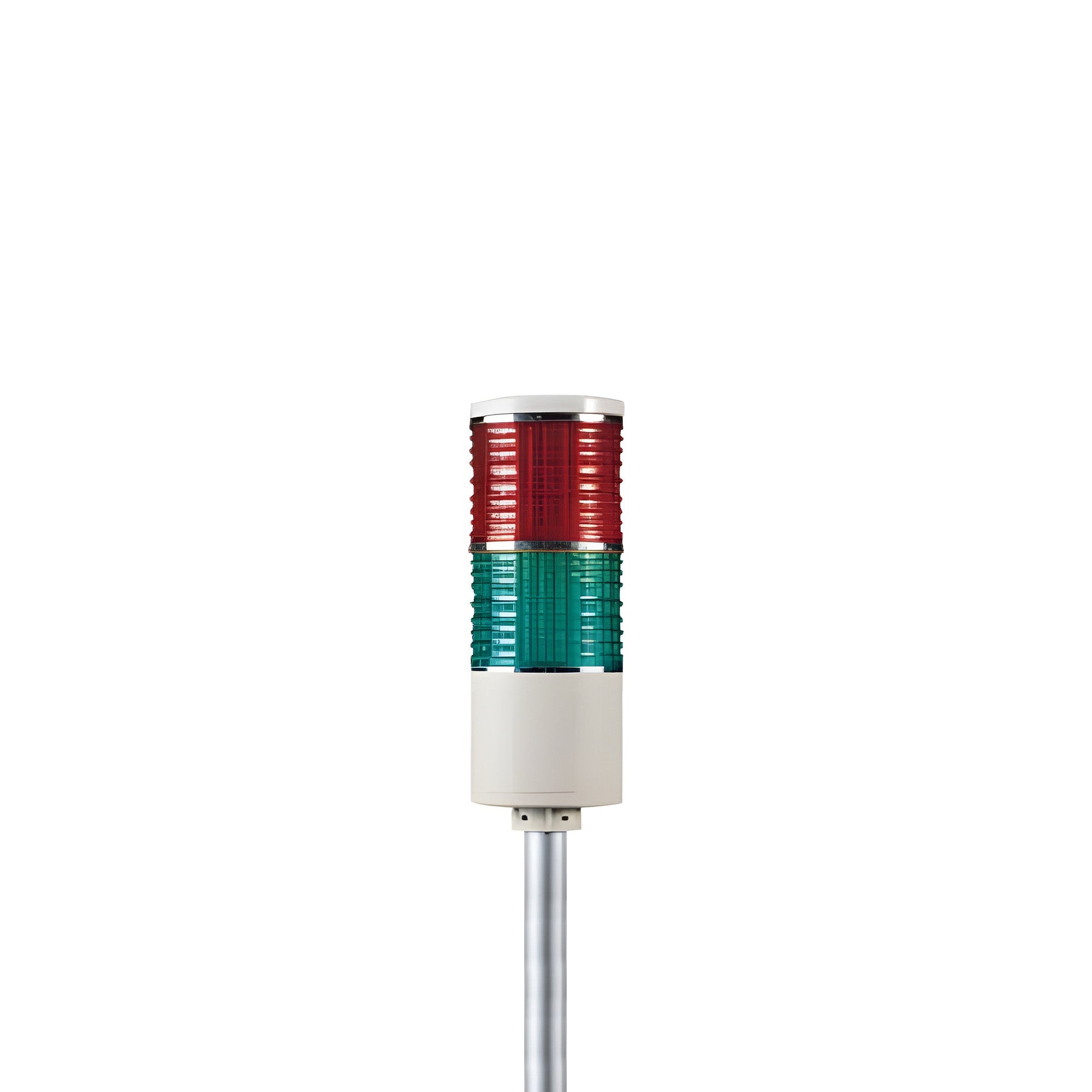 Two-color pole-mounted industrial signal light on a white background; Red-Green on a white background.