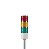 Three-color pole-mounted industrial signal light on a white background; Red-Amber-Green on a white background.