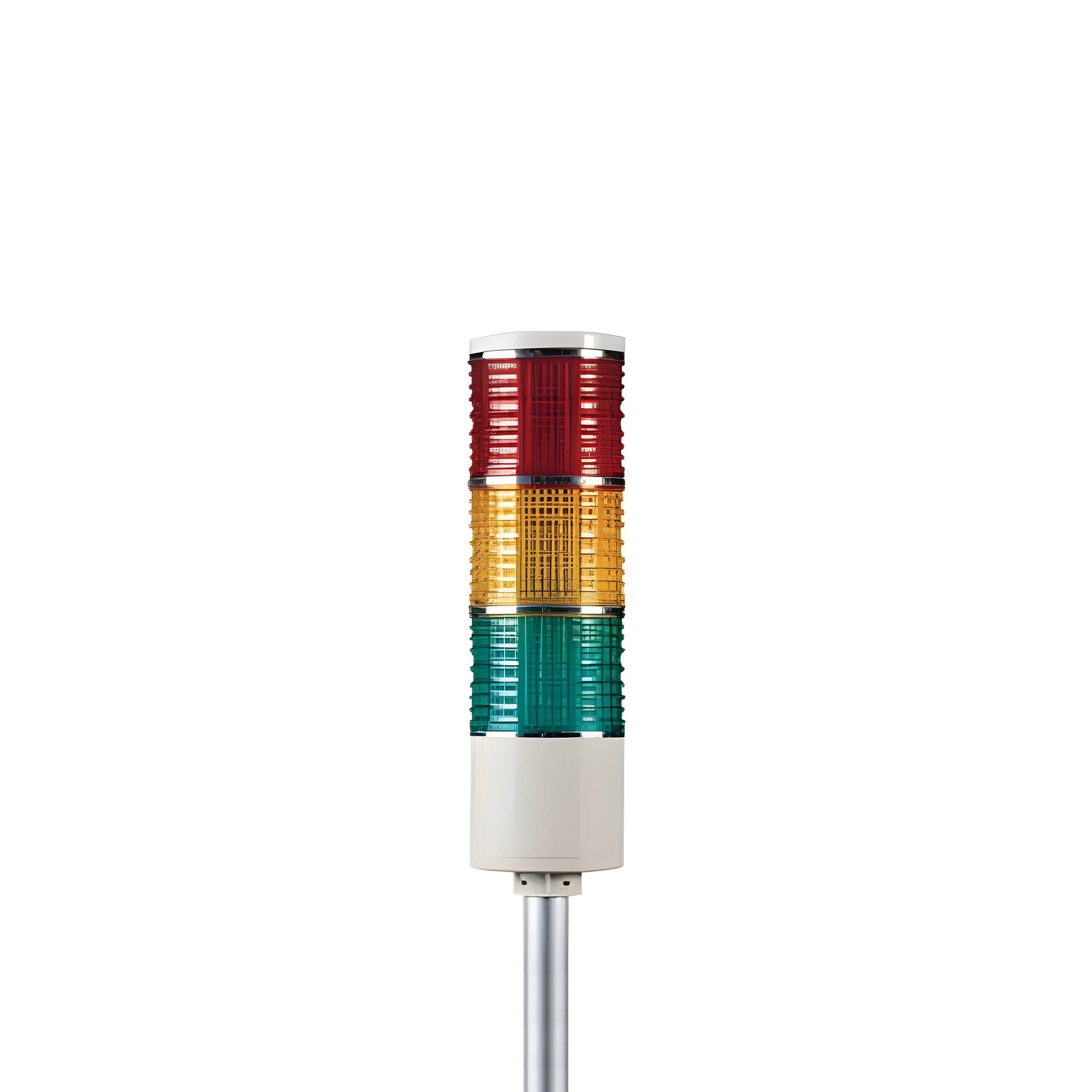Three-color pole-mounted industrial signal light on a white background; Red-Amber-Green on a white background.