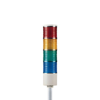 Four-color pole-mounted industrial signal light on a white background; Red-Amber-Green-Blue on a white background.